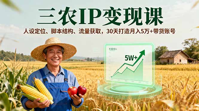 三农IP变现课，人设定位、脚本结构、流量获取，30天打造月入5万+带货账号-卓别林资源社