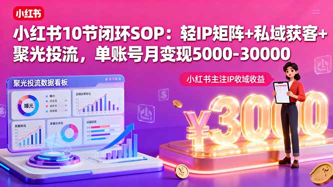 小红书10节闭环SOP：轻IP矩阵+私域获客+聚光投流，单账号月变现5000-30000-卓别林资源社