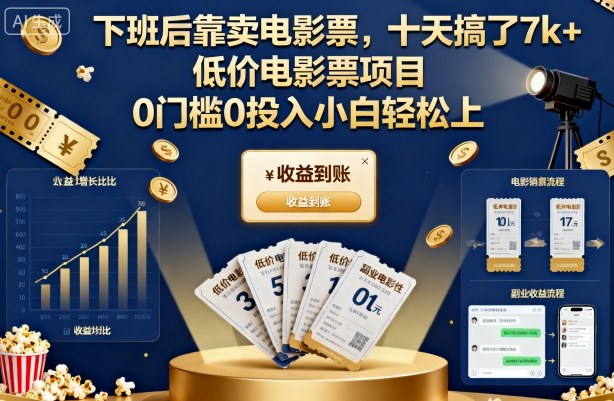 下班后靠卖电影票,十天搞了7k+,低价电影票项目,0门槛0投入小白轻松上手【揭秘】-卓别林资源社