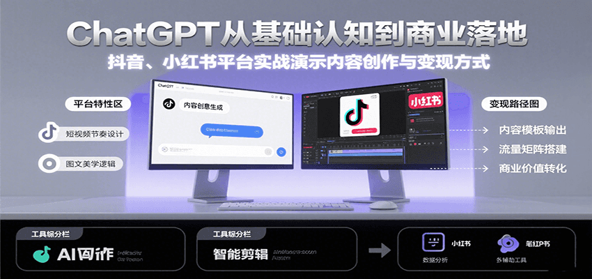 ChatGPT从基础认知到商业落地，实战演示抖音、小红书等平台的内容创作与变现-卓别林资源社