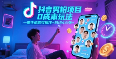抖音男粉项目0成本玩法，一部手机即可操作，日均4张+，时间自由-卓别林资源社