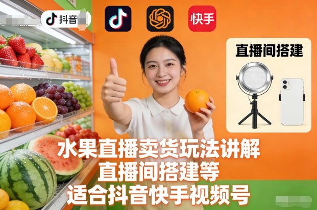 水果直播卖货玩法讲解、直播间搭建等,适合抖音快手视频号-卓别林资源社