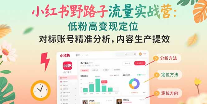 小红书野路子流量实战营：低粉高变现定位 对标账号精准分析 内容生产提效-卓别林资源社