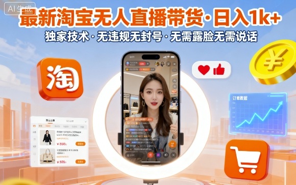 最新淘宝无人直播带货，日入1k+，独家技术，无违规无封号，无需露脸无需说话【揭秘】-卓别林资源社
