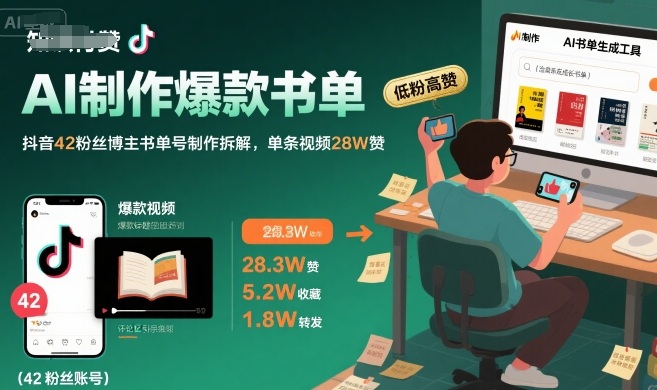 AI制作爆款书单，抖音42粉丝博主书单号制作拆解，单条视频28W赞-卓别林资源社