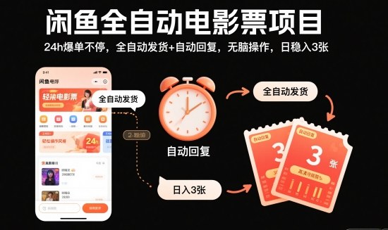 闲鱼全自动电影票项目，24h爆单不停，全自动发货+自动回复，无脑操作，日稳入3张【揭秘】-卓别林资源社