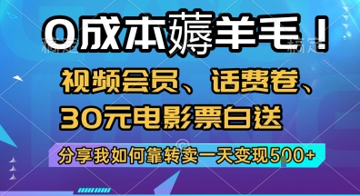 0成本薅羊毛!视频会员、话费卷、30元电影票白送，分享我如何靠转卖一天变现5张+【揭秘】-卓别林资源社
