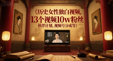 历史女性独白视频，13个视频10w粉丝，伙伴计划，视频号分成等-卓别林资源社