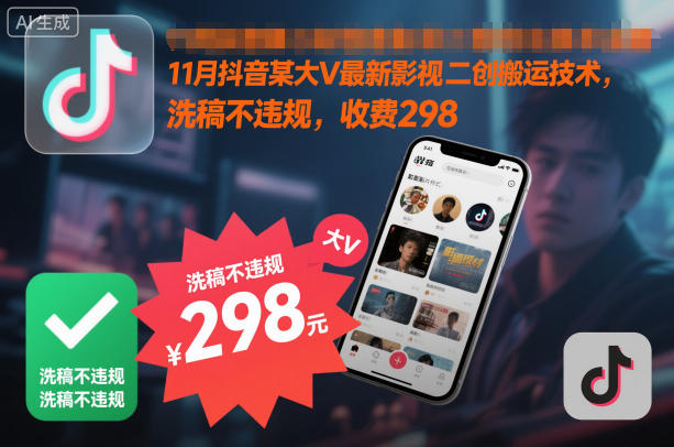 11月抖音某大V最新影视二创搬运技术，洗稿不违规，收费298-卓别林资源社