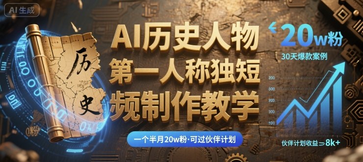 最新AI历史人物第一人称独白短视频制作教学，一个半月20w粉，可过伙伴计划-卓别林资源社
