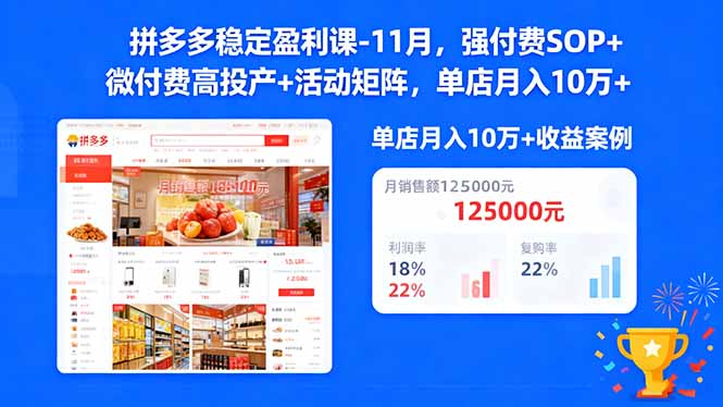 拼多多稳定盈利课-11月，强付费SOP+微付费高投产+活动矩阵，单店月入10万+-卓别林资源社