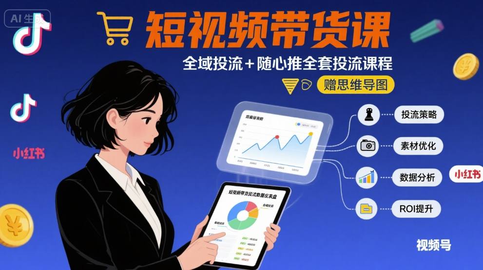 最新短视频带货课，全域投流+随心推全套投流课程+思维导图-卓别林资源社