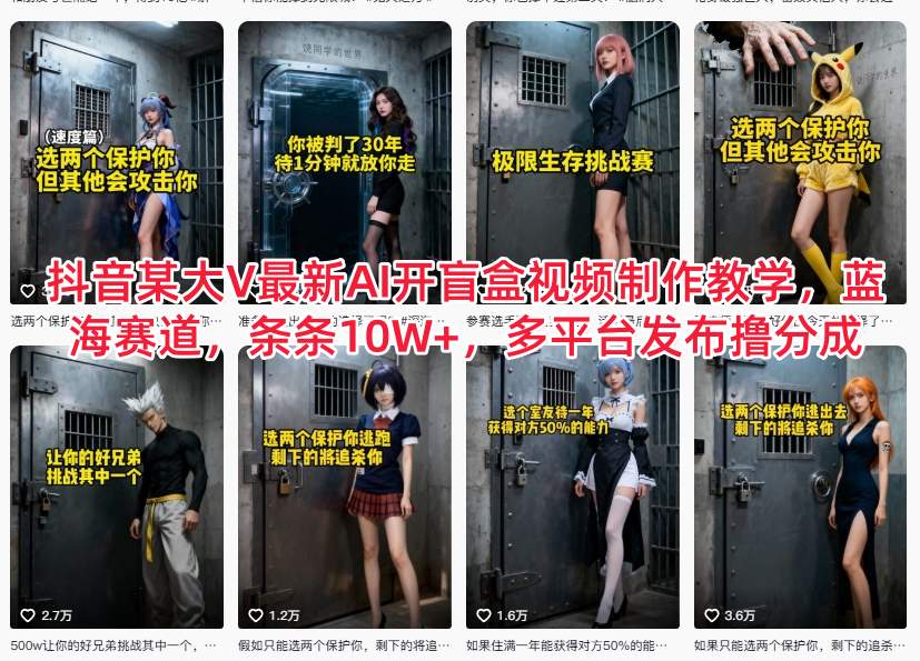 抖音某大V最新AI开盲盒视频制作教学，蓝海赛道，条条10W+，多平台发布撸分成-卓别林资源社