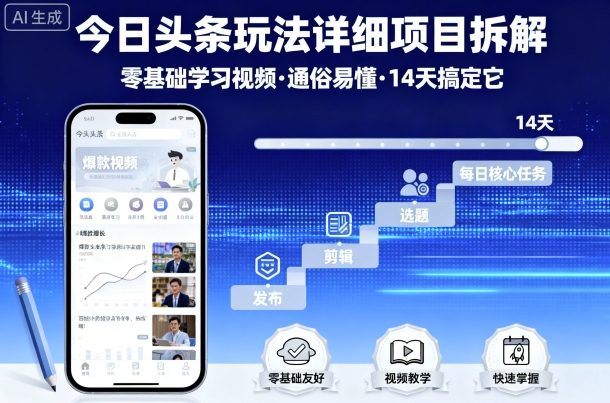 今日头条玩法详细项目拆解，零基础学习视频 通俗易懂 14天搞定它-卓别林资源社