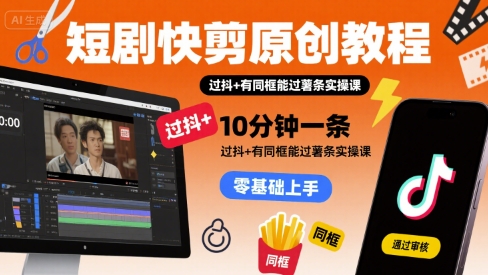 短剧快剪原创教程，10分钟一条，过抖+有同框能过薯条实操课-卓别林资源社