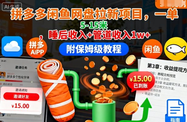 拼多多闲鱼网盘拉新项目，一单5-15米，睡后收入+管道收入1w+(附保姆级教程)-卓别林资源社