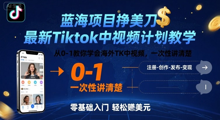 蓝海项目挣美刀，最新Tiktok中视频计划教学，从0-1教你学会海外TK中视频，一次性讲清楚-卓别林资源社