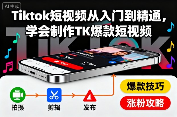 Tiktok短视频从入门到精通，学会制作TK爆款短视频-卓别林资源社