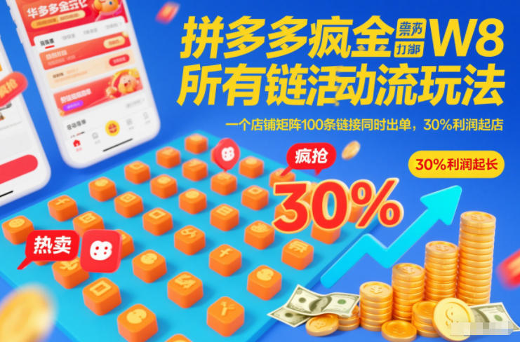 拼多多疯狂活动流玩法，所有链接全部打标，一个店铺矩阵100条链接同时出单，30%利润起店-卓别林资源社