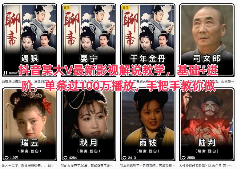 抖音某大V最新影视解说教学，基础+进阶，单条过100万播放，手把手教你做-卓别林资源社