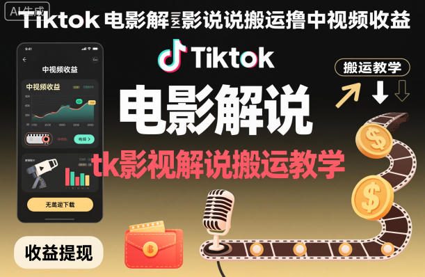 Tiktok电影解说搬运撸中视频收益，tk影视解说搬运教学-卓别林资源社