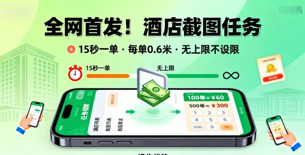 全网首发！酒店截图任务，15秒一单，每单0.6米，任务无上限不设限，矩阵操作单日3张到手【揭秘】-卓别林资源社