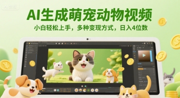 AI生成萌宠动物视频，小白轻松上手，多种变现方式，日入4位数-卓别林资源社