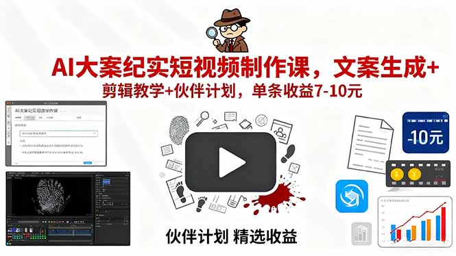 AI大案纪实短视频制作课，文案生成+剪辑教学+伙伴计划，单条收益7-10元-卓别林资源社
