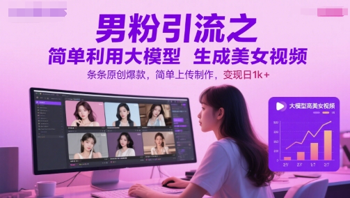男粉引流之简单利用大模型生成美女视频，条条原创爆款，简单上传制作，变现日1k+-卓别林资源社