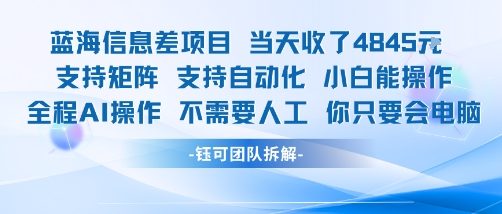 蓝海信息差项目当天收米1k+ 支持矩阵支持自动化小白能操作全程AI操作不需要人工你只要会电脑-卓别林资源社