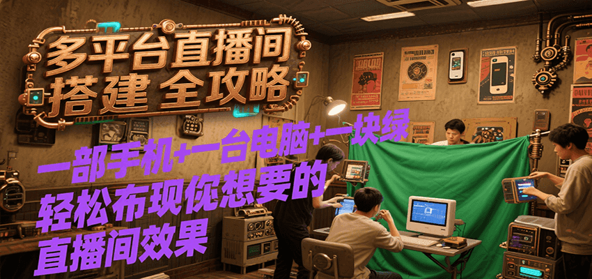 多平台直播间搭建全攻略，一部手机+一台电脑+一块绿布轻松实现你想要的直播间效果-卓别林资源社