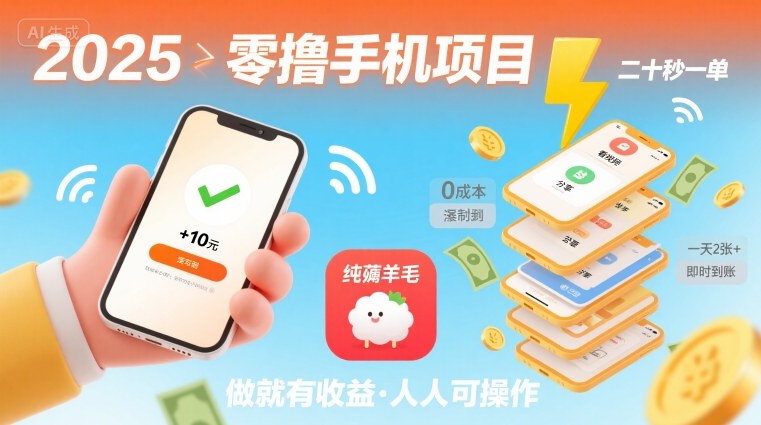 2025年零撸手机项目，二十秒一单，纯薅羊毛 一天2张+做就有-卓别林资源社