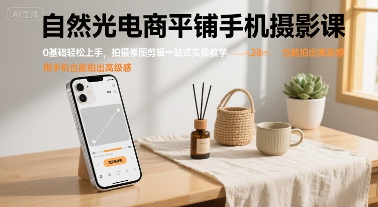 自然光电商平铺手机摄影课，0基础轻松上手，拍摄修图剪辑一站式实操教学，用手机也能拍出高级感-卓别林资源社