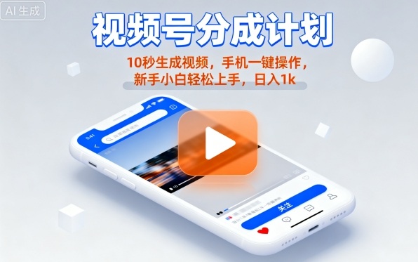 视频号分成计划懒人玩法，10秒生成视频，手机一键操作，新手小白轻松上手，日入1K【揭秘】-卓别林资源社