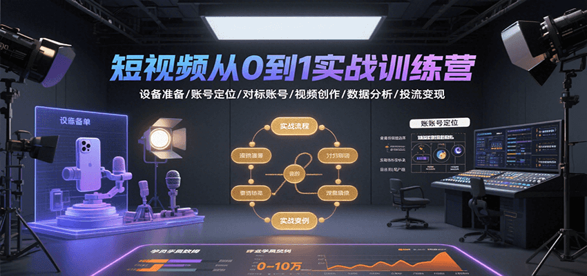 短视频从0到1实战训练营：设备准备/账号定位/对标账号/视频创作/数据分析/投流变现-卓别林资源社