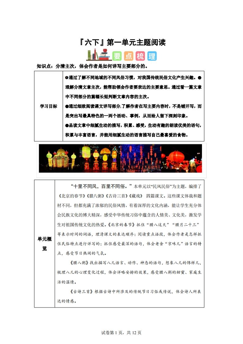【主题阅读】统编版语文六年级下册第一单元“民风民俗”（主题阅读）-卓别林资源社