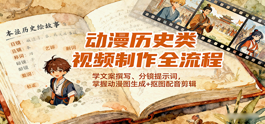 动漫历史类视频制作全流程，学文案撰写、分镜提示词，掌握动漫图生成+抠图配音剪辑-卓别林资源社