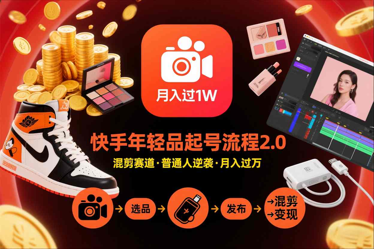 快手短视频带货年轻品起号流程2.0，快手年轻品混剪赛道，普通人也能月入过1W-卓别林资源社