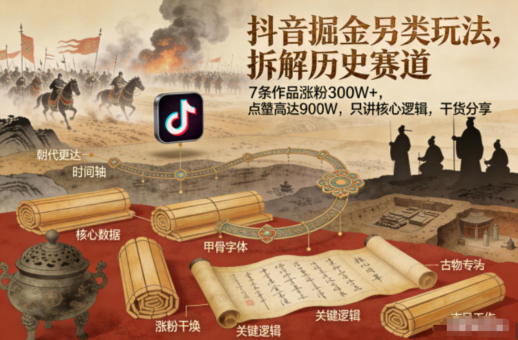 抖音掘金另类玩法，拆解历史赛道，7条作品涨粉300W+，点赞量高达900W，只讲核心逻辑，干货分享-卓别林资源社