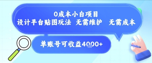 0成本小白项目，设计平台贴图玩法，无需维护，无需成本，单账号单月可产生收益4k+-卓别林资源社