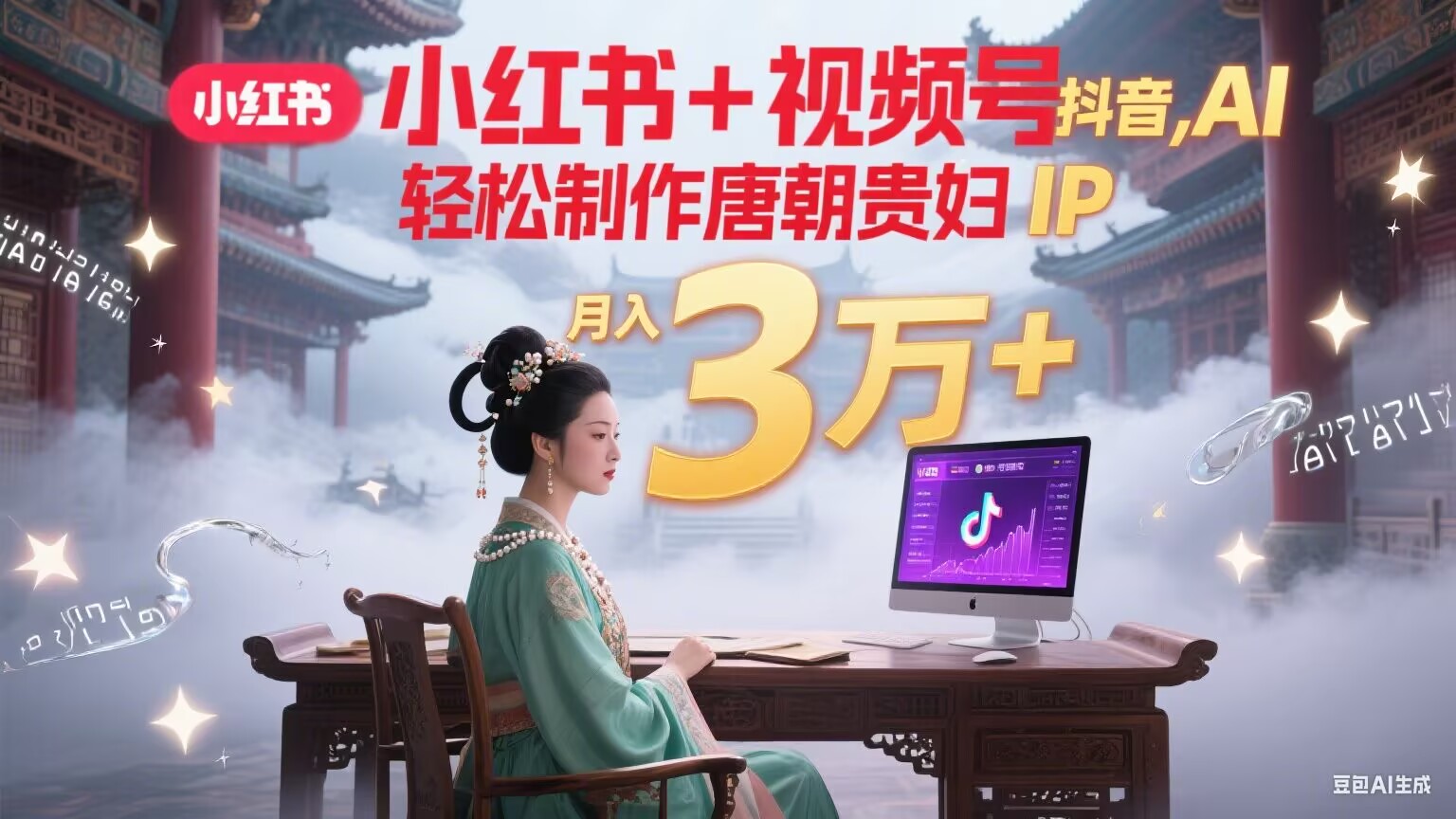 小红书+视频号+抖音，AI轻松制作唐朝贵妇IP，毒鸡汤、励志、减肥瘦身、养生赛道轻松切入，每天30分钟，轻松产出N条，月入3万+-卓别林资源社
