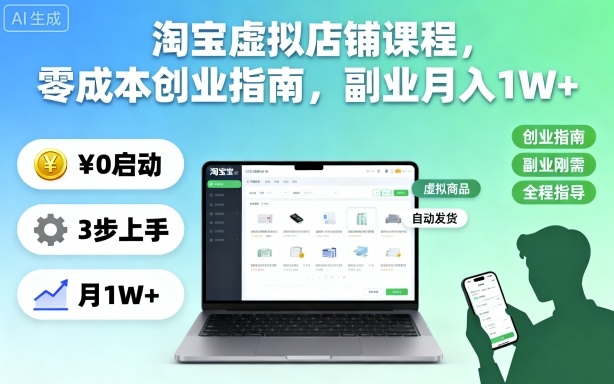 淘宝虚拟店铺课程，零成本创业指南，副业月入1W+-卓别林资源社