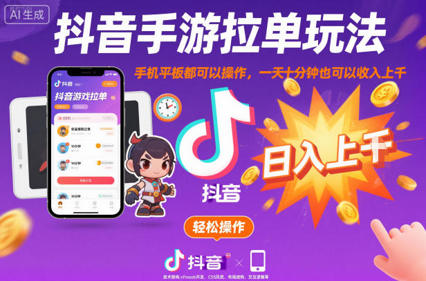 抖音手游拉单玩法，手机平板都可以操作，一天十分钟也可以收入上K【揭秘】-卓别林资源社