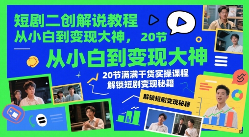 短剧二创解说教程，从小白到变现大神，20节满满干货实操课程，解锁短剧变现秘籍-卓别林资源社