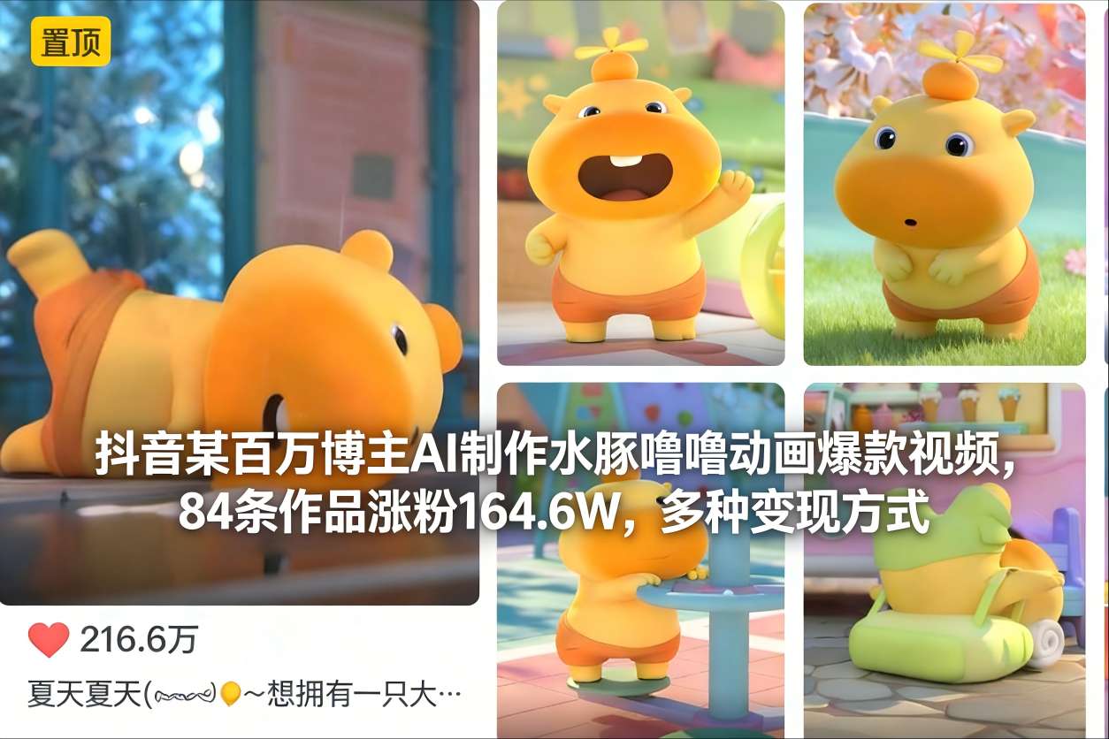 抖音某百万博主AI制作水豚噜噜动画爆款视频，84条作品涨粉164.6W，多种变现方式-卓别林资源社