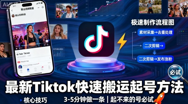 最新Tiktok快速搬运快速起号方法，3-5分钟做一条，起不来的号可以试试-卓别林资源社
