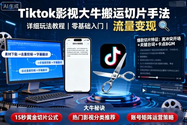 Tiktok影视大牛搬运切片手法，详细玩法教程-卓别林资源社