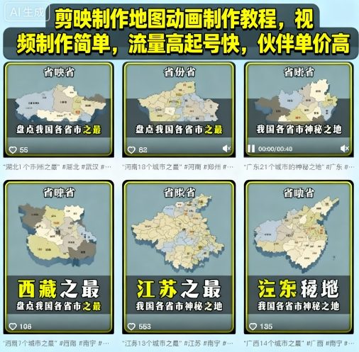 剪映制作地图动画制作教程，视频制作简单，流量高起号快，伙伴单价高-卓别林资源社