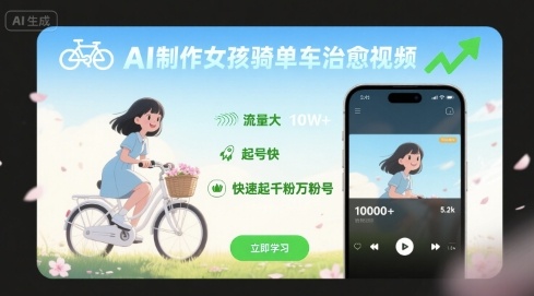 AI制作女孩骑单车治愈视频，流量大，起号快，快速起千粉万粉号-卓别林资源社