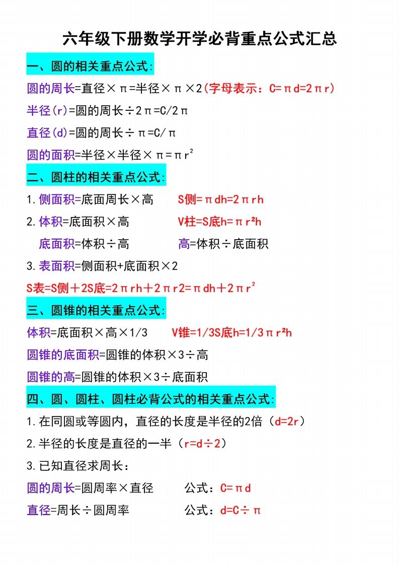 六下数学必背重点公式汇总-卓别林资源社